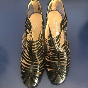 Black Patent Leather CHANEL Strip Sandals 😍